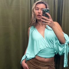 V-Neck Slit Tied-up Long Sleeve Waist Cinched Top