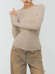 Off Shoulder Long Sleeve Sheer Button Applique Top