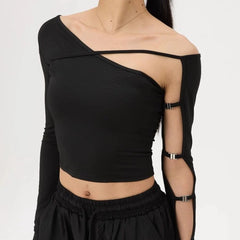 Black Irregular Off-shoulder Cut Out Top