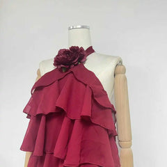 Ruffle Halter Flower Decoration Layered Mini Dress