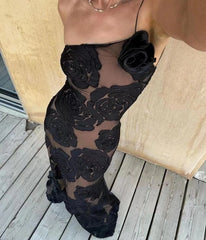 Black One-Shoulder Floral Desgin Long Dress