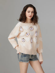 Halloween Fuzzy Ghost Pumpkin Pattern Sweater