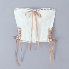 White Strapless Ribbion Lace Up Corset Top And Frill Bow Mini Skirt Set