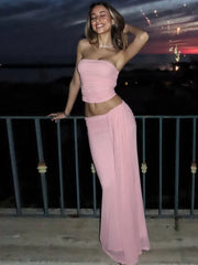 Pink Mesh Tube Top And Long Skirt Two Piece Set