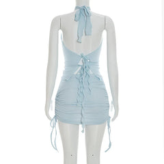 Textured Metal Buckle Halter Top And Mini Skirt Set