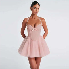Pink Halter Tie Up Tulle Mini Dress