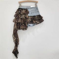 Leopard Print Ruffles Patchwork Denim Mini Skirts