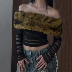 Black Ruched Off Shoulder Fur Trim Top