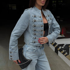 Denim Embroidered Button Jacket And Micro Shorts Set