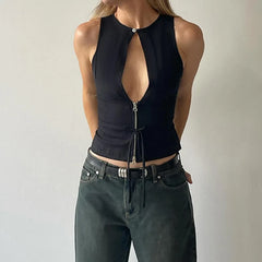 Hollow Out Zipper Sleeveless Tank Top