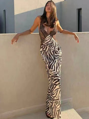 Lace Patchwork Zebra Stripe Print Maxi Dress
