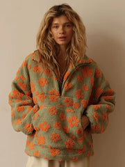 Floral Printed Zipper Teddy Jacket