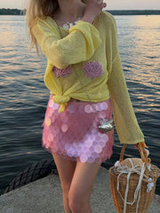 Knit Sheer Shell Embroidered Long Sleeve Round Neck Top
