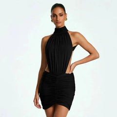 Bodycon Ruched Open-Back High-Neck Mini Dress