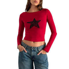 Boat Neck Long Sleeve Floral/Star Print Top