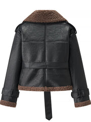 Lapel Belt Fur Lining Faux Leather Jacket
