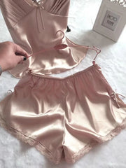 Satin Lace Bow Cami Top And Shorts Pijamas Set