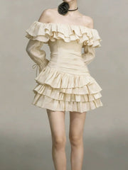 Off-shoulder Long Sleeve Ruffle Mini Dress