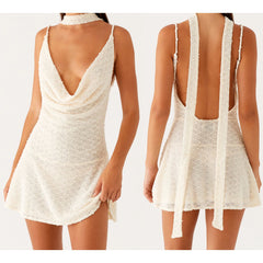 Women's sheer cowl ruffled hem cami mini dress with matching scarf.