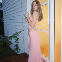 Pink Mesh Tube Top And Long Skirt Two Piece Set