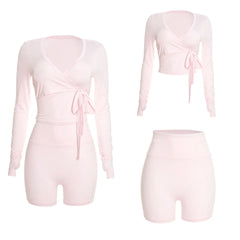 Long Sleeve V Neck Tie-Up Top And Cycling Shorts Set