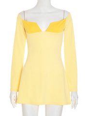 Yellow V Neck Off-shoulder Long Sleeve Mini Dress