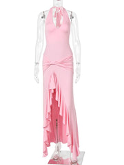 Halter Knot Waist Ruffle Hem Midi Dress