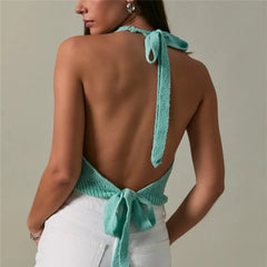 Knit Cowl Neck Backless Tie Up Top
