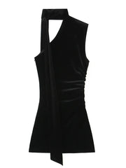 Black Velvet Diagonal Collar Mini Dress with Ribbon