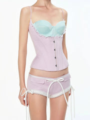 Pink Hook Blue Bustier Corset Strap Top