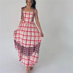 Colour Block Plaid Tie Shoulder Strap Maxi Dress