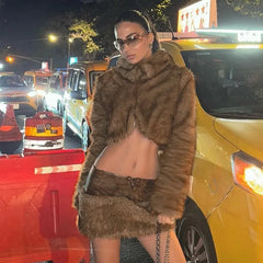 Brown Faux Fur Crop Coat With Patchwork Mini Skirt