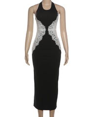 Lace Patchwork Halter Sleeveless Midi Dress