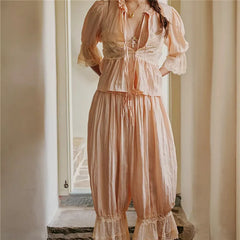 Lace Trim Bow Tie Front Short Sleeve Shirts And Ruffle Flared Lantern Pants Loungewear Set