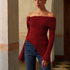Red Knit Long Sleeve Off Shoulder Lettuce Edge Top