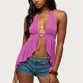 Deep O Ring Halter Front Slit Back Tie Top