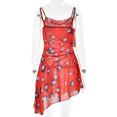 Red Printed Sheer Cowl Neck Mini Dress