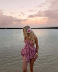Pink Ruffles Cut Out Halter Rose Mini Dress