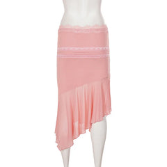 Pink Lace Trim Mesh Hem Midi Skirt