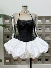 Halter Sequin Corset Crop Top And Bubble Hem Skirt Set
