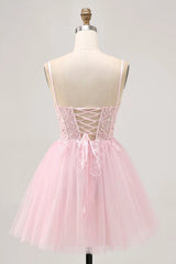 Pink Sequined Embroidered Spaghetti Strap Tulle Mini Dress