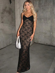 Black Lace Open Back Cami Maxi Dress