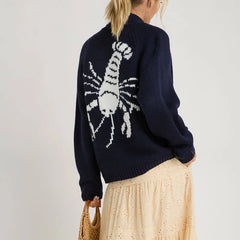 Women's lobster knit cardigan with O-neck and short length.