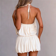 Halter Metal Eyelet Open Back Bubble Hem Short Dress