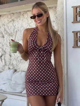 Brown Polka Dot Ruched Neck Mini Dress