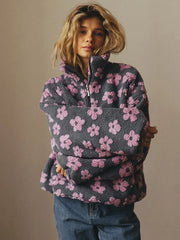 Floral Printed Zipper Teddy Jacket