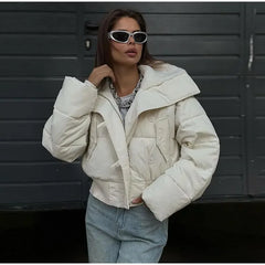 Solid Cropped Collar Button Puff Jacket