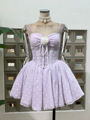 Polka Dot Corset Spaghetti Strap 3D Flower Flared Mini Dress
