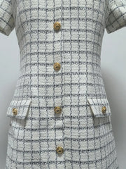 White High Collar Plaid Button Up Mini Dress