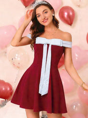 Red Off Shoulder Strapless Bow Tie Mini Dress